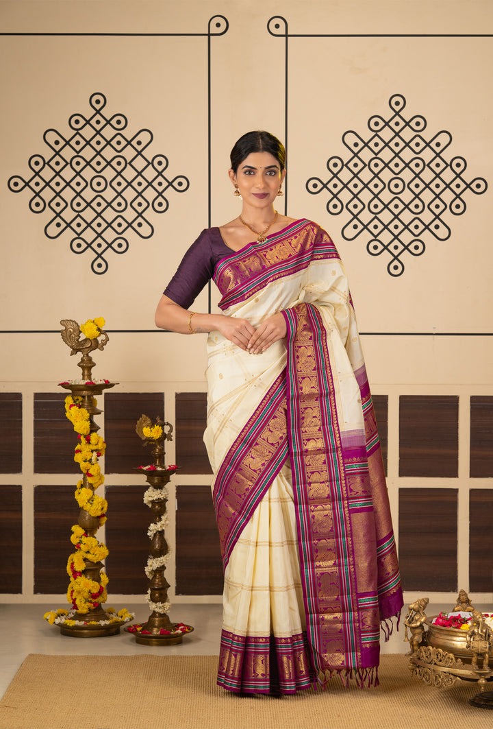Ivory and Magenta Vintage Zari Checks Pure Kanchipuram Silk Saree
