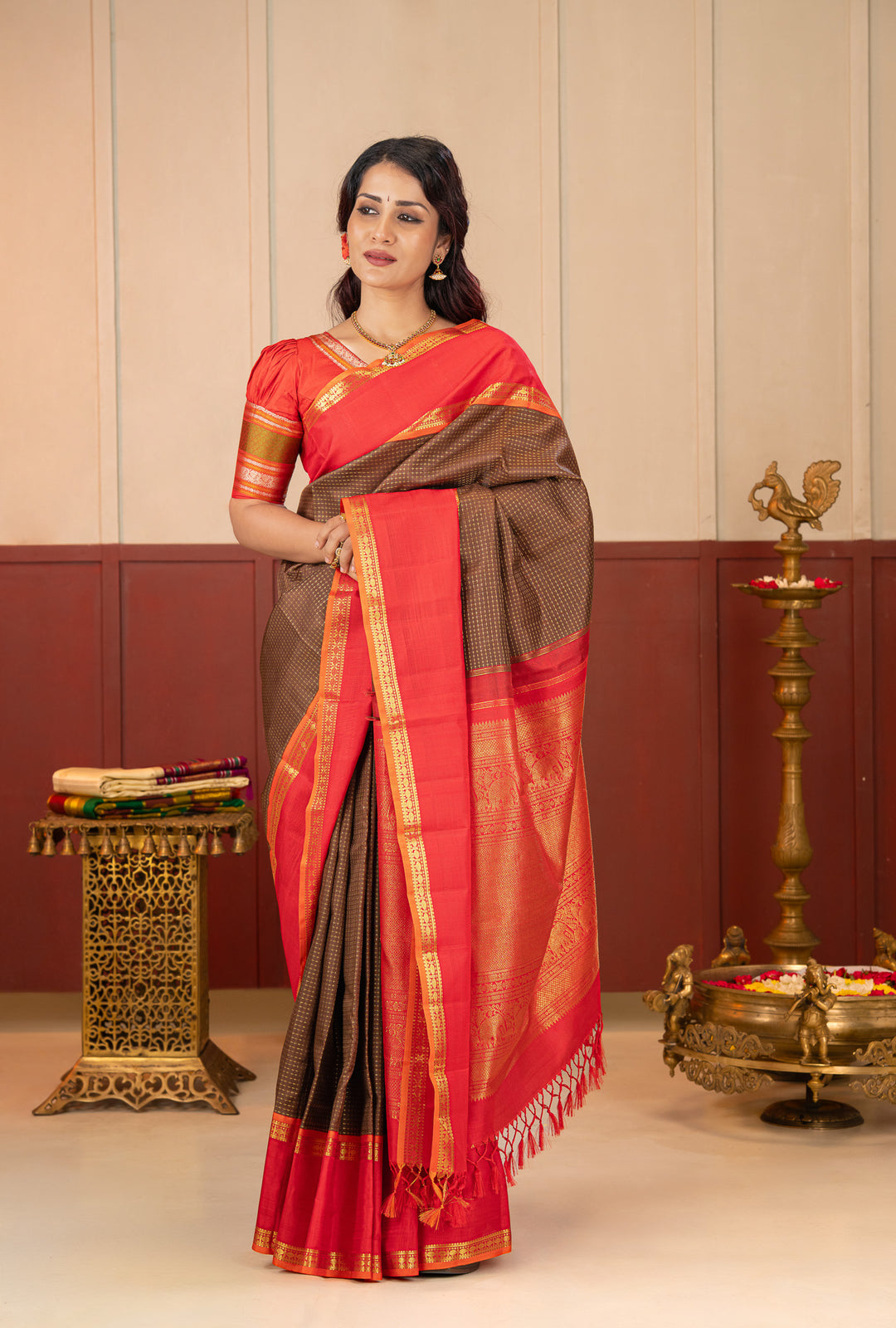 Brown and Red Veldhari Checks Pure Kanchipuram Silk Saree