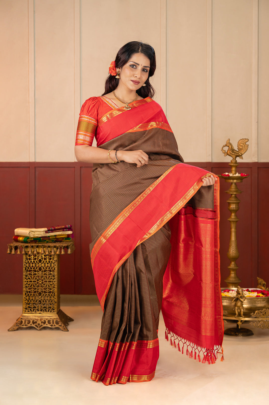Brown and Red Veldhari Checks Pure Kanchipuram Silk Saree