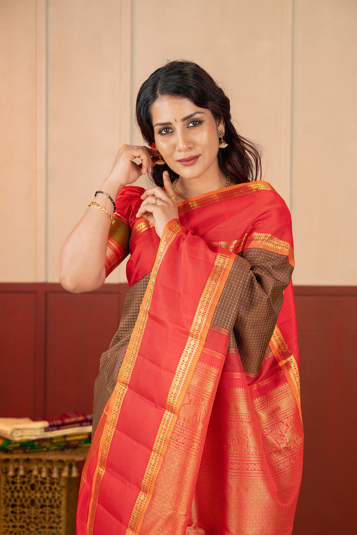 Brown and Red Veldhari Checks Pure Kanchipuram Silk Saree