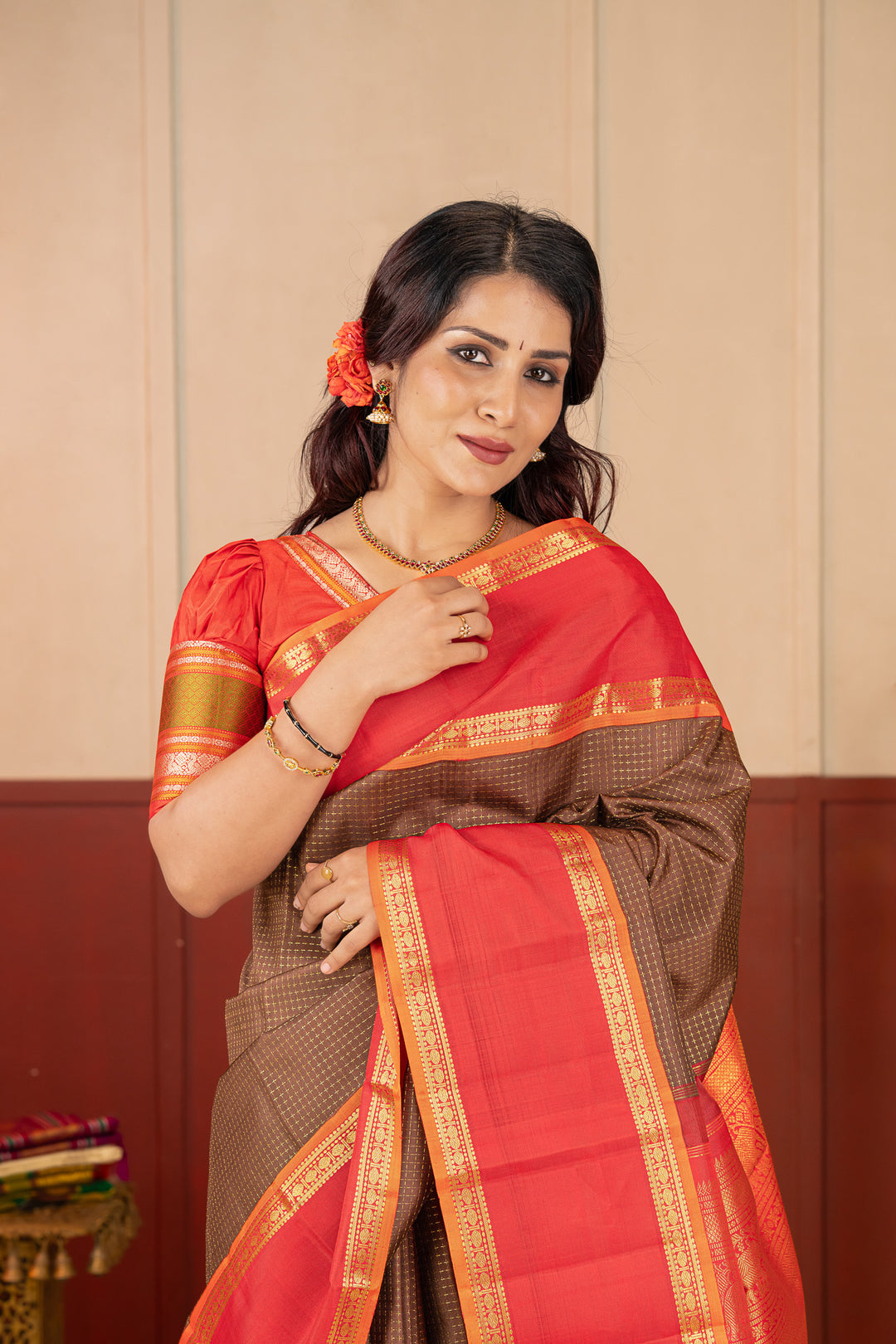 Brown and Red Veldhari Checks Pure Kanchipuram Silk Saree