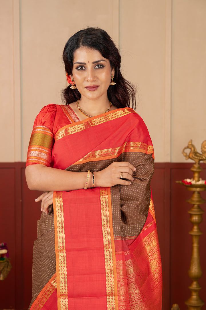 Brown and Red Veldhari Checks Pure Kanchipuram Silk Saree