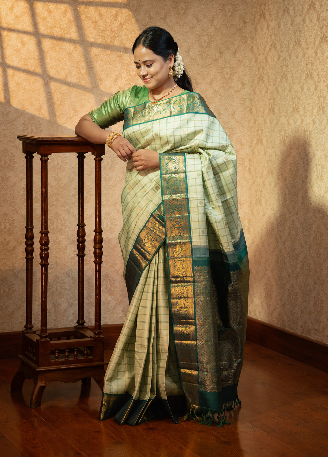 Mint green and bottle green pure kanchipuram silk saree