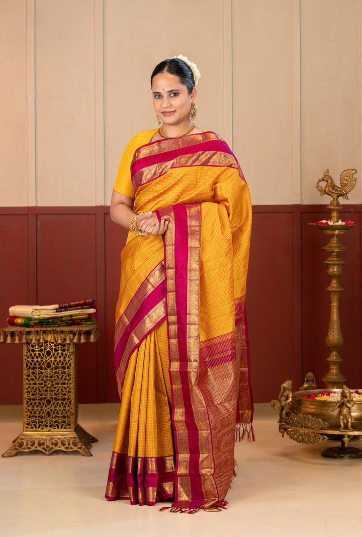 Mustard and Pink Rettai Pettu Pure Kanchipuram Silk Saree