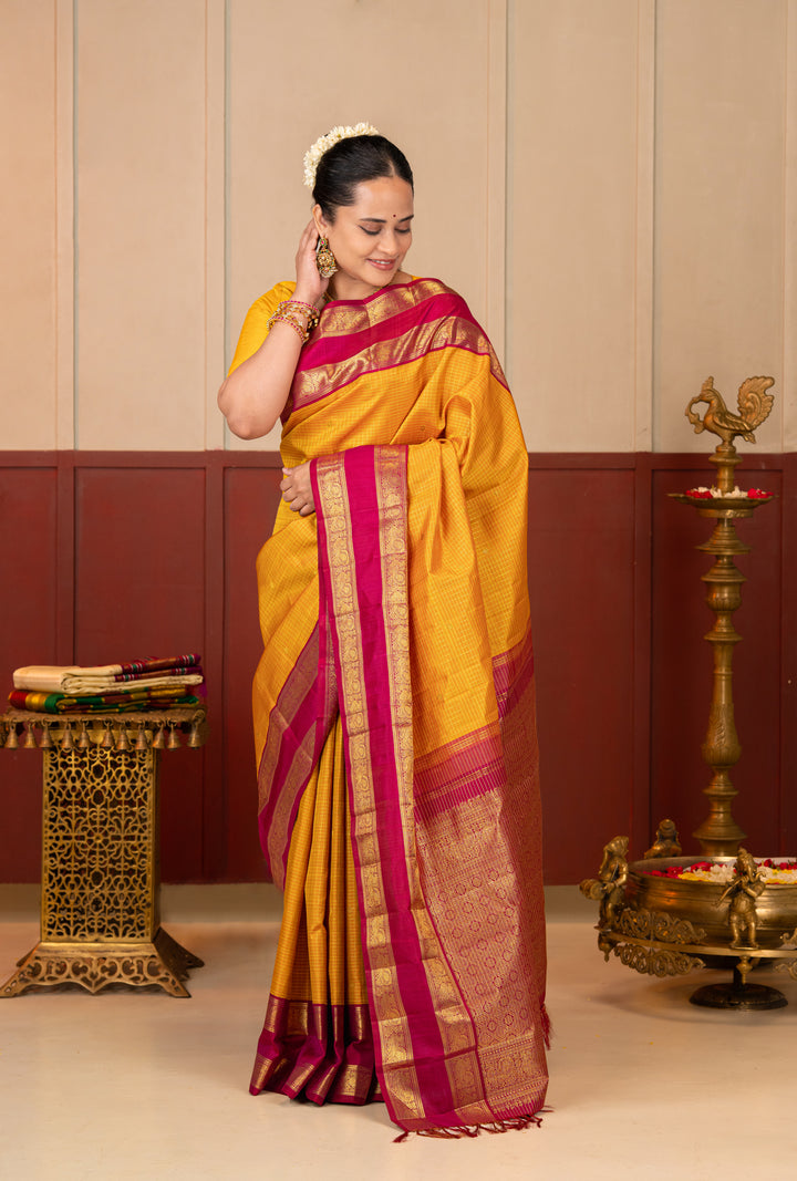 Mustard and Pink Rettai Pettu Pure Kanchipuram Silk Saree