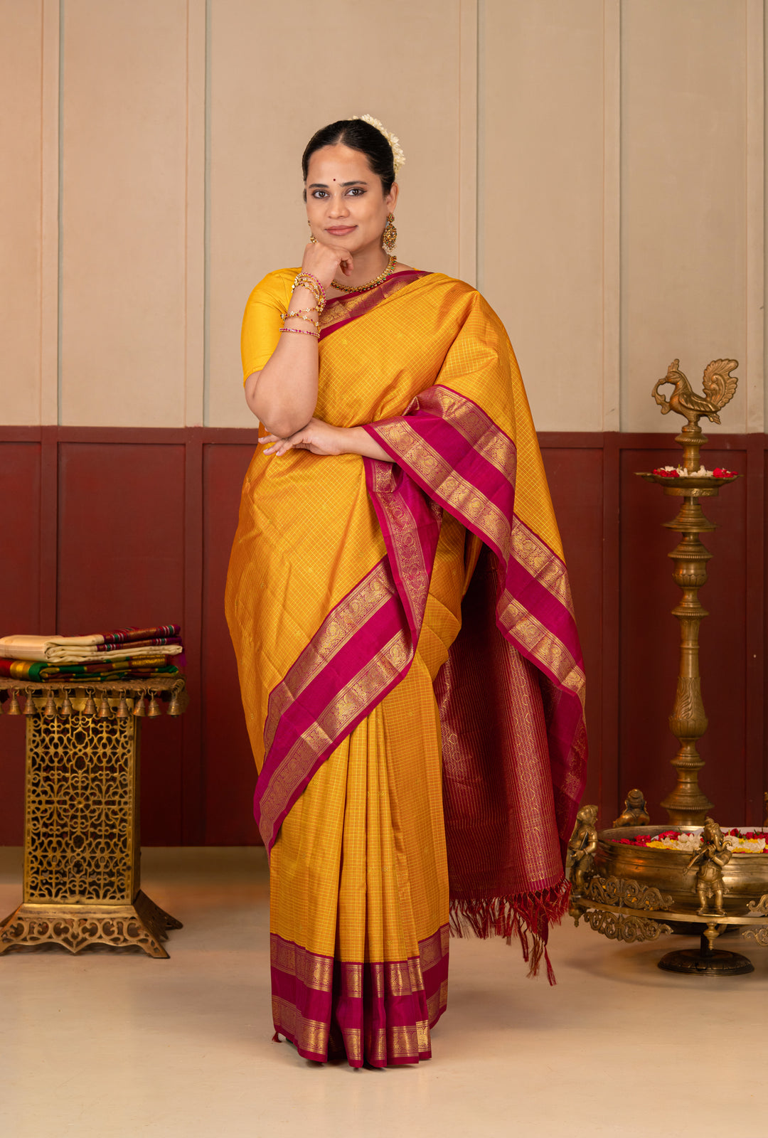 Mustard and Pink Rettai Pettu Pure Kanchipuram Silk Saree