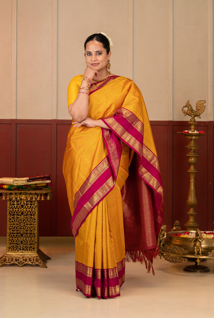 Mustard and Pink Rettai Pettu Pure Kanchipuram Silk Saree