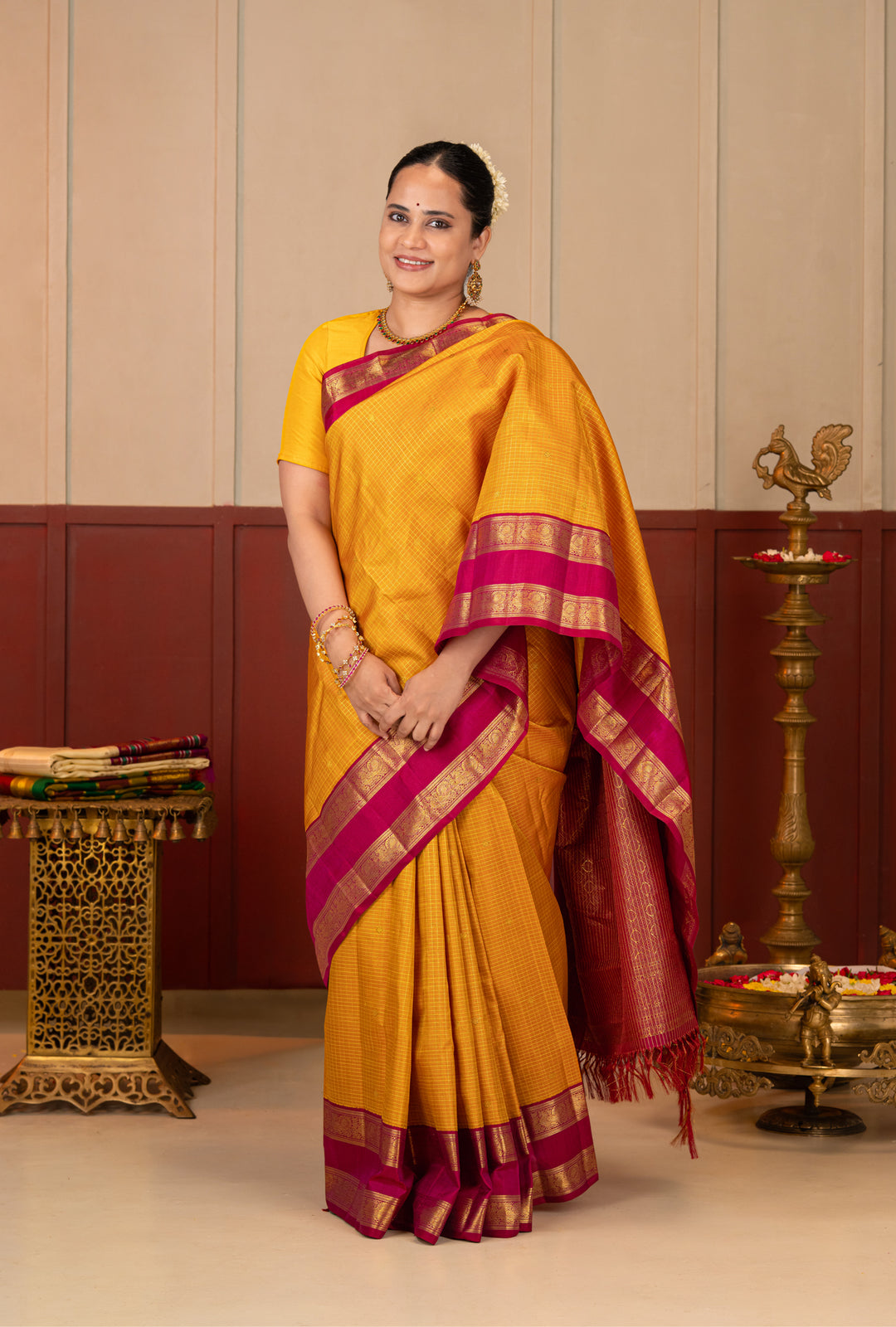 Mustard and Pink Rettai Pettu Pure Kanchipuram Silk Saree