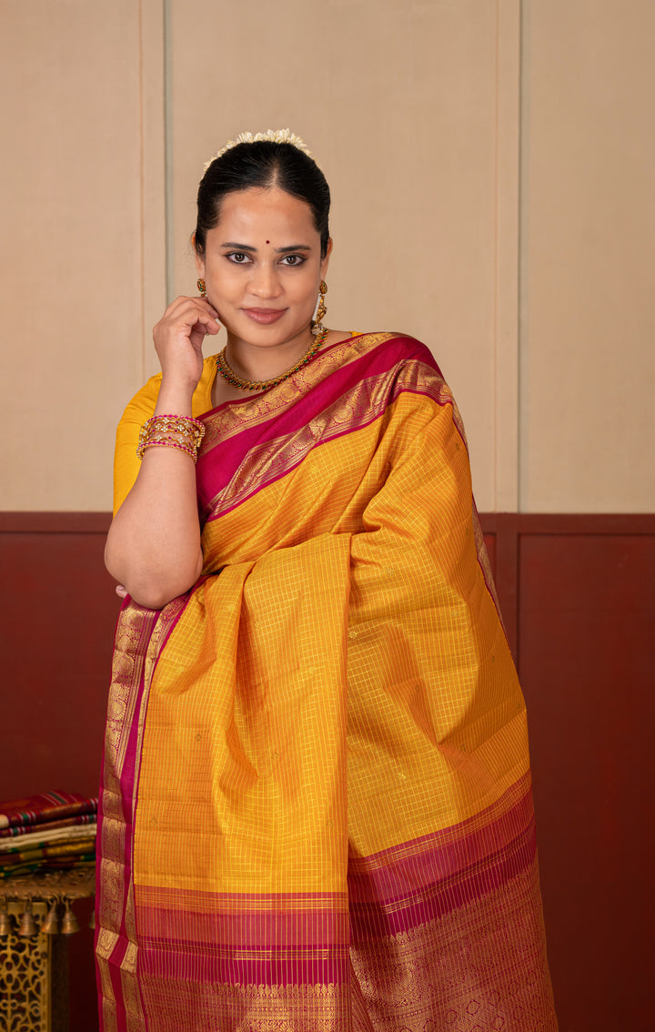 Mustard and Pink Rettai Pettu Pure Kanchipuram Silk Saree