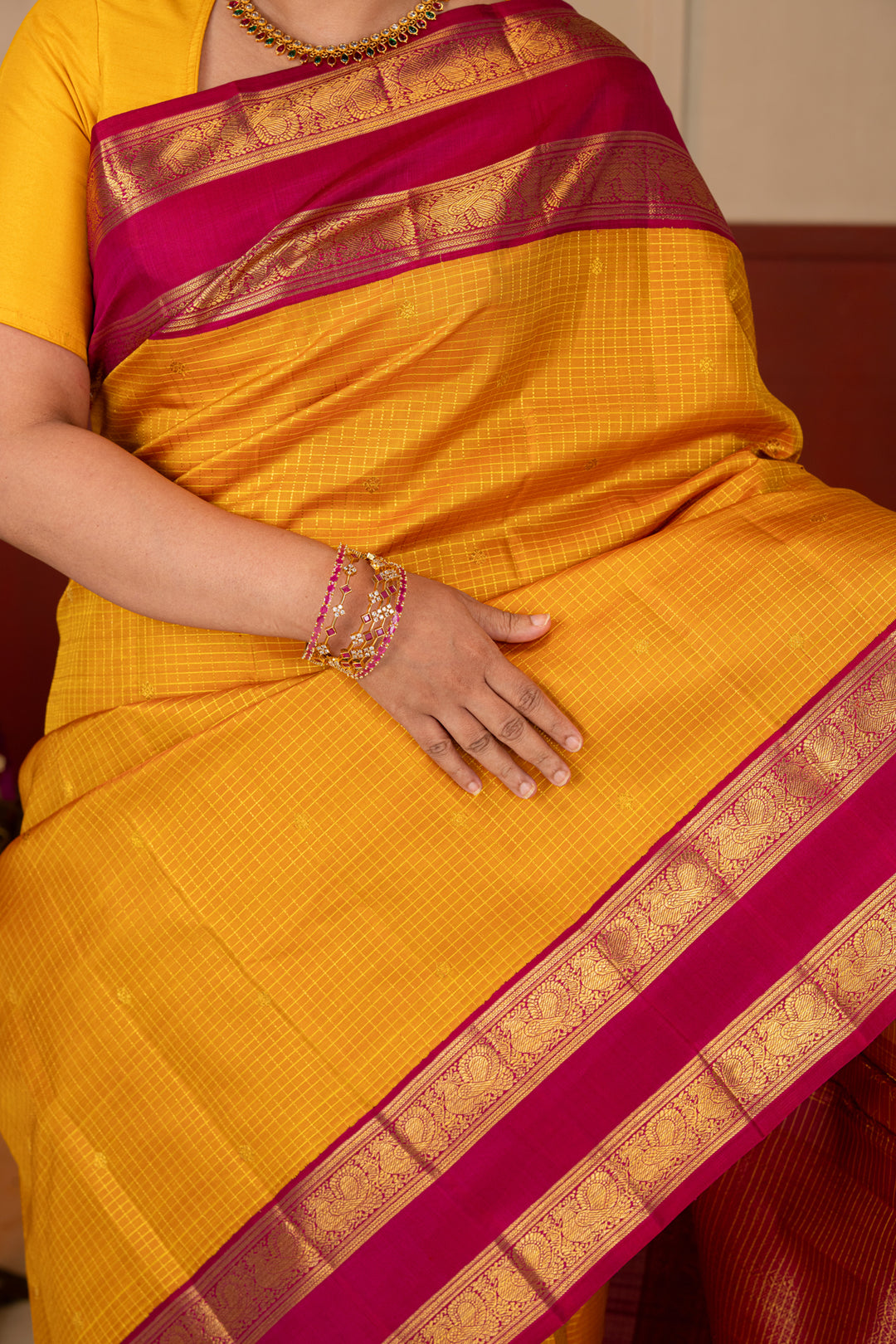 Mustard and Pink Rettai Pettu Pure Kanchipuram Silk Saree