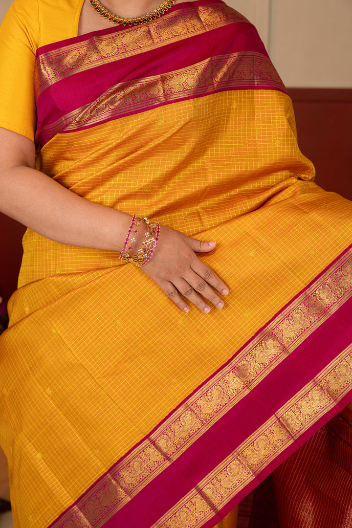 Mustard and Pink Rettai Pettu Pure Kanchipuram Silk Saree