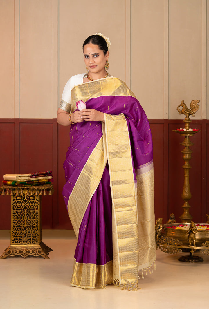 Purple and Ivory Pure Kanchipuram Silk Saree