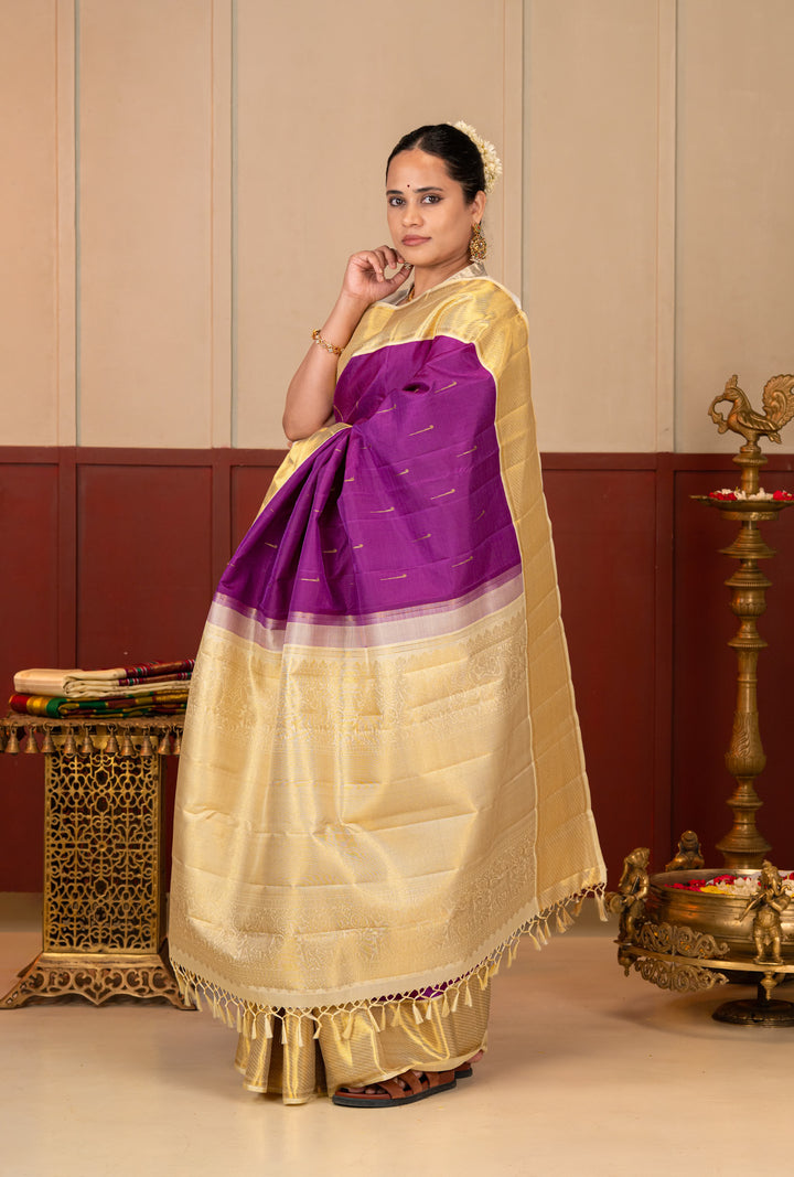 Purple and Ivory Pure Kanchipuram Silk Saree