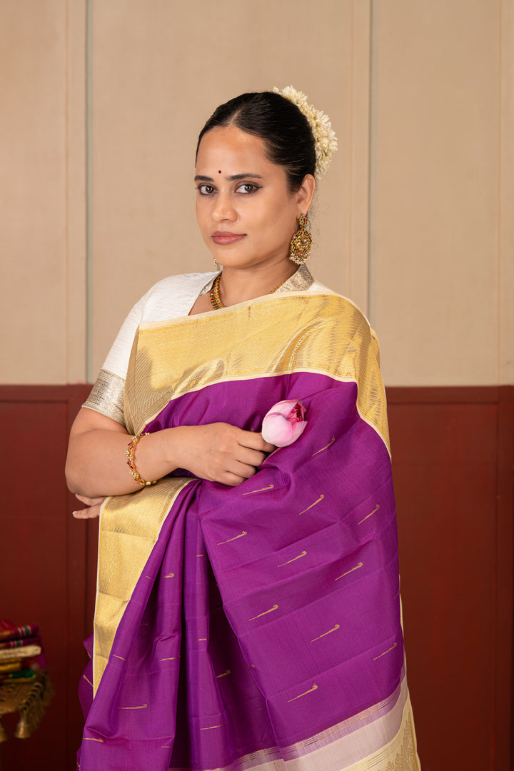 Purple and Ivory Pure Kanchipuram Silk Saree