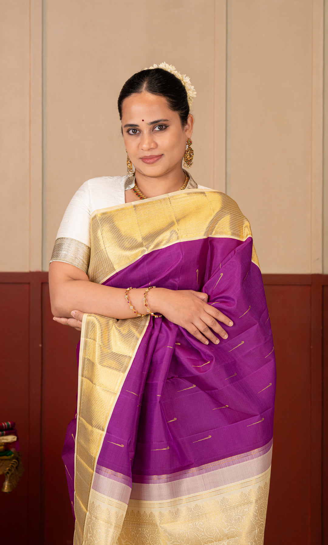 Purple and Ivory Pure Kanchipuram Silk Saree