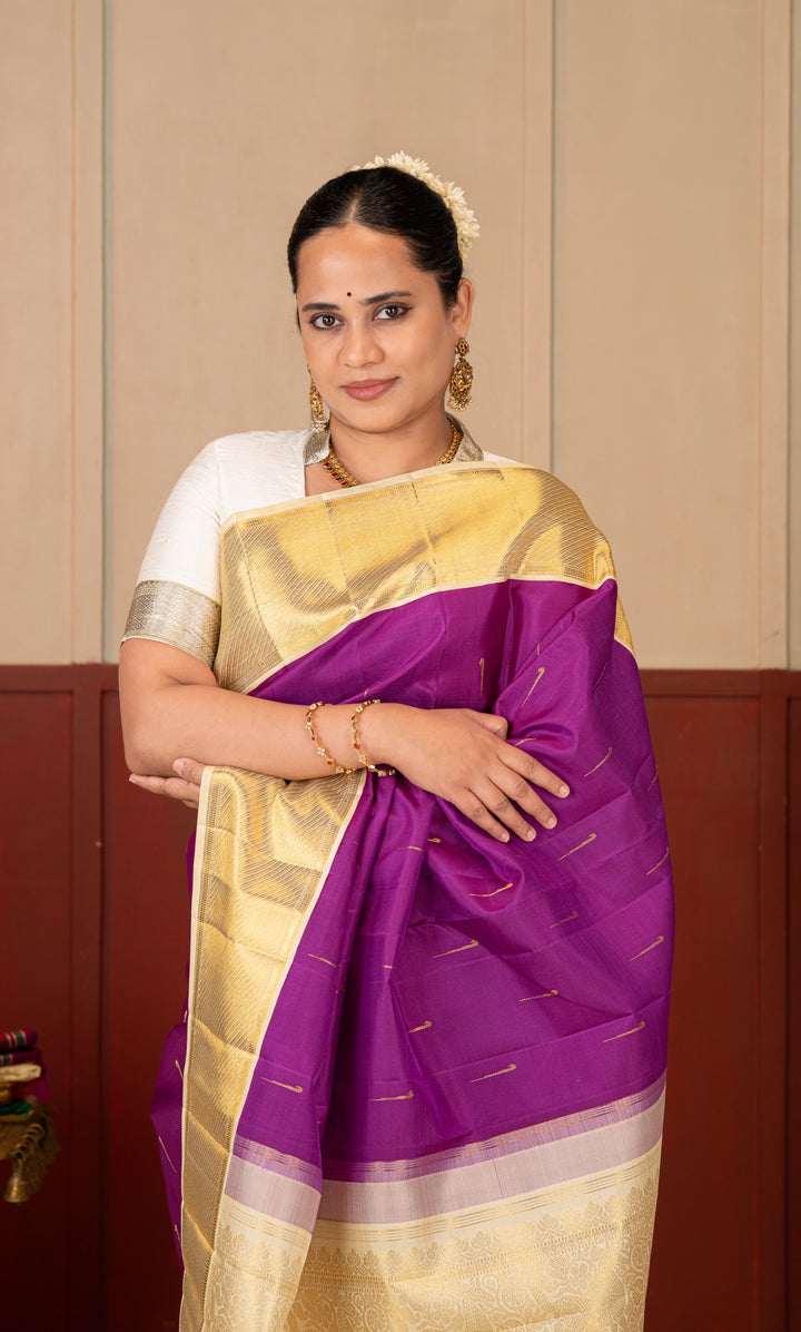 Purple and Ivory Pure Kanchipuram Silk Saree