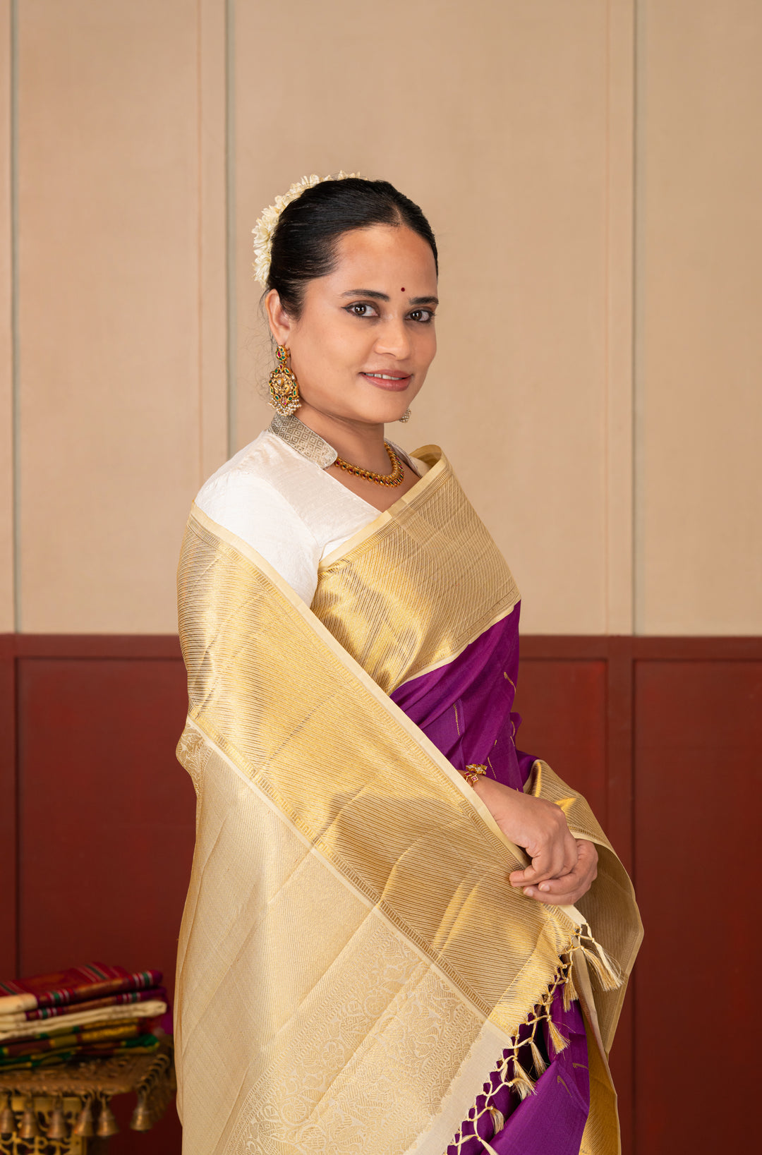 Purple and Ivory Pure Kanchipuram Silk Saree
