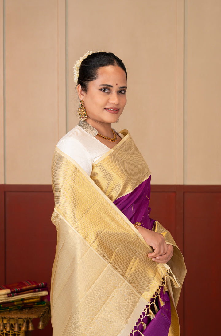Purple and Ivory Pure Kanchipuram Silk Saree