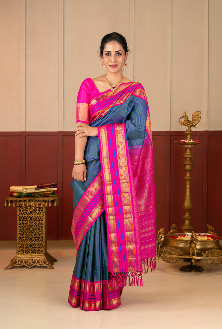 Peacock Blue Vairaoosi Pure Kanchipuram Silk Saree
