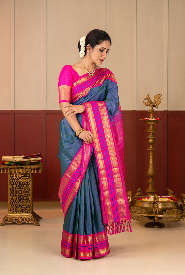 Peacock Blue Vairaoosi Pure Kanchipuram Silk Saree