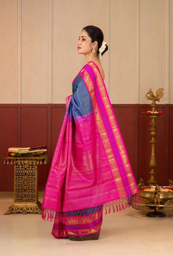 Peacock Blue Vairaoosi Pure Kanchipuram Silk Saree