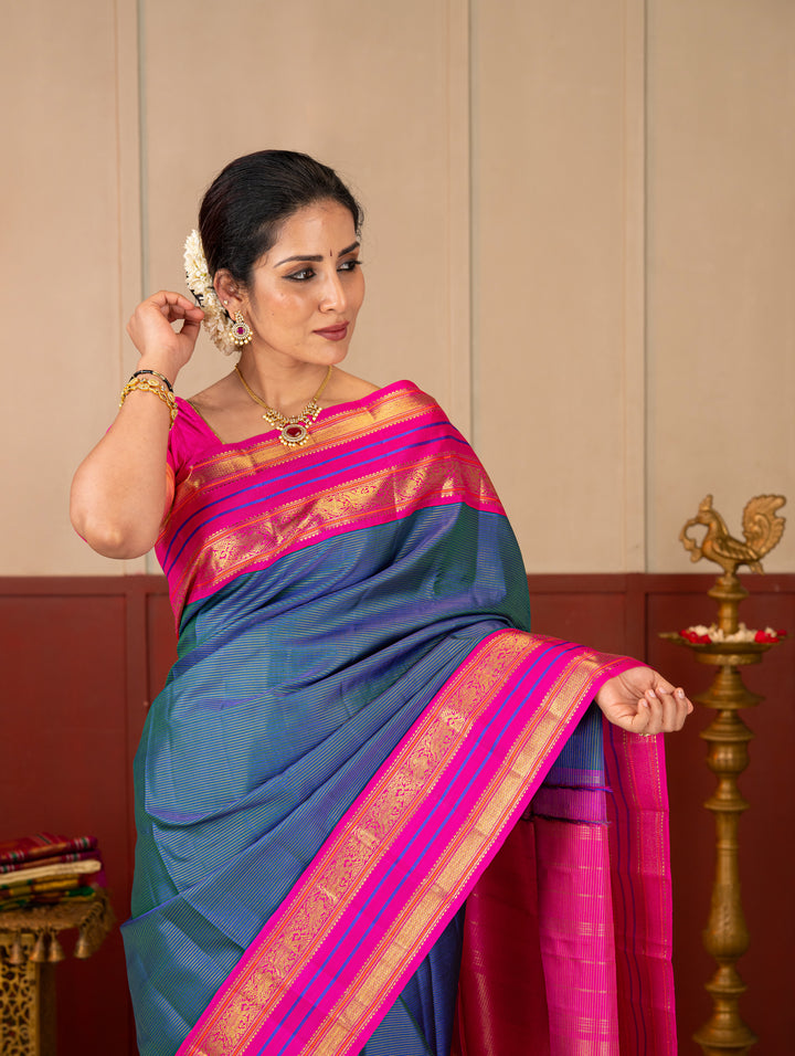 Peacock Blue Vairaoosi Pure Kanchipuram Silk Saree