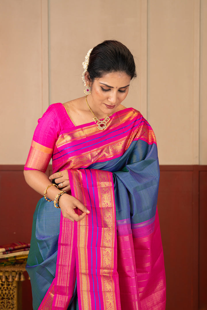 Peacock Blue Vairaoosi Pure Kanchipuram Silk Saree