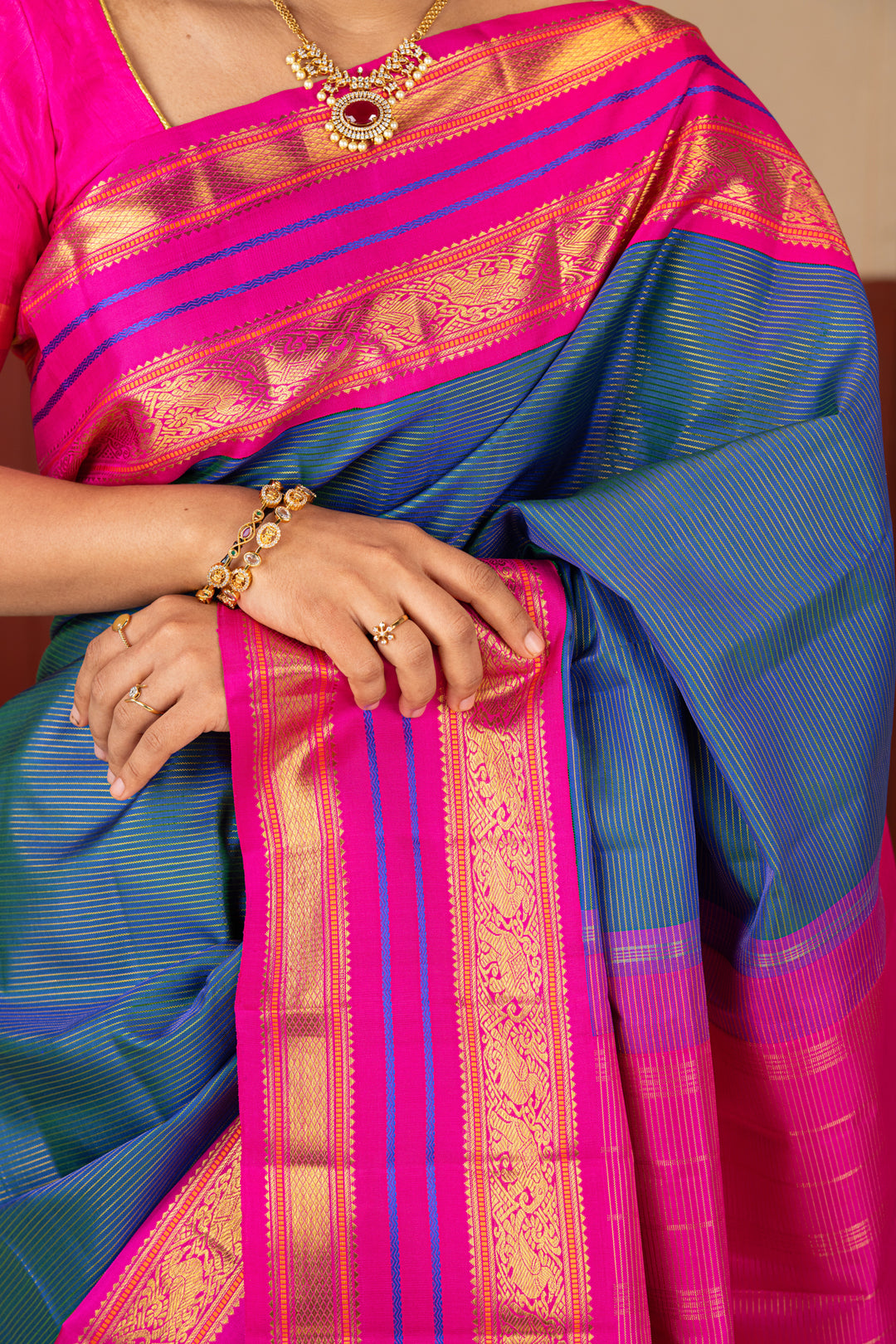 Peacock Blue Vairaoosi Pure Kanchipuram Silk Saree