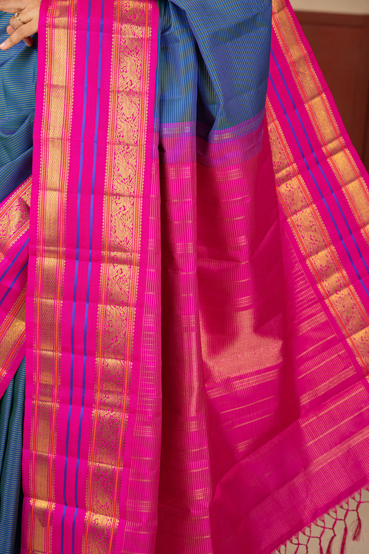 Peacock Blue Vairaoosi Pure Kanchipuram Silk Saree