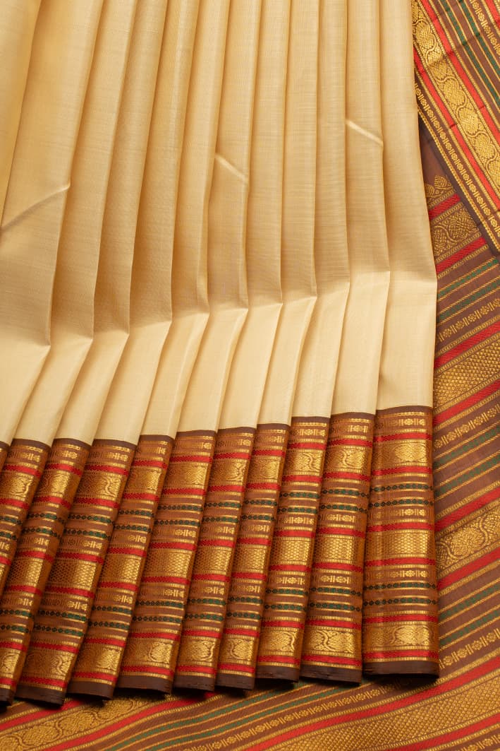Satin Cream and Brown Varisaipettu Pure Kanchipuram Silk Saree