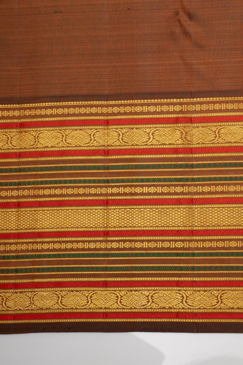 Satin Cream and Brown Varisaipettu Pure Kanchipuram Silk Saree