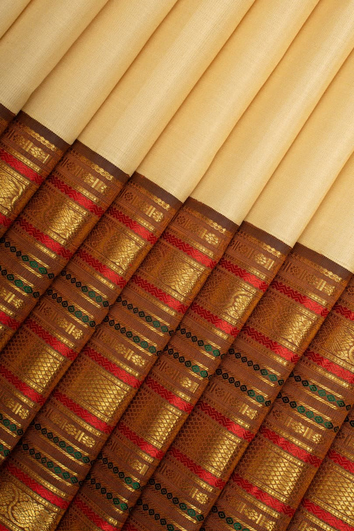 Satin Cream and Brown Varisaipettu Pure Kanchipuram Silk Saree