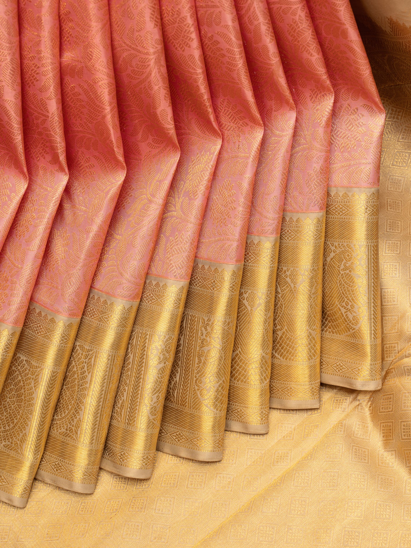 Blush Pink and Oyster Gold Korvai Brocade Pure Kanchipuram Silk Saree