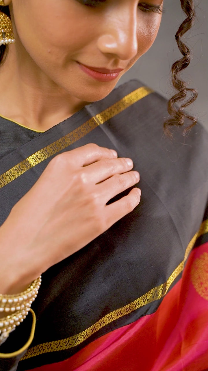 Reddish Pink and Black Pure Zari Kanchipuram Silk Saree