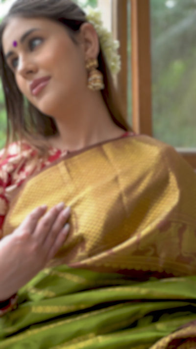 Buy Green Zari Stripes Pure Kanchipuram Silk Saree Online | Green Kanjivaram Silk