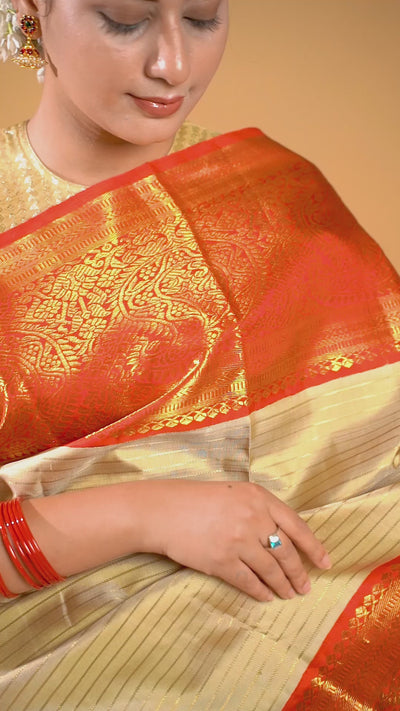 Champagne Gold and Red Stripes Pure Zari Kanchipuram Silk Saree