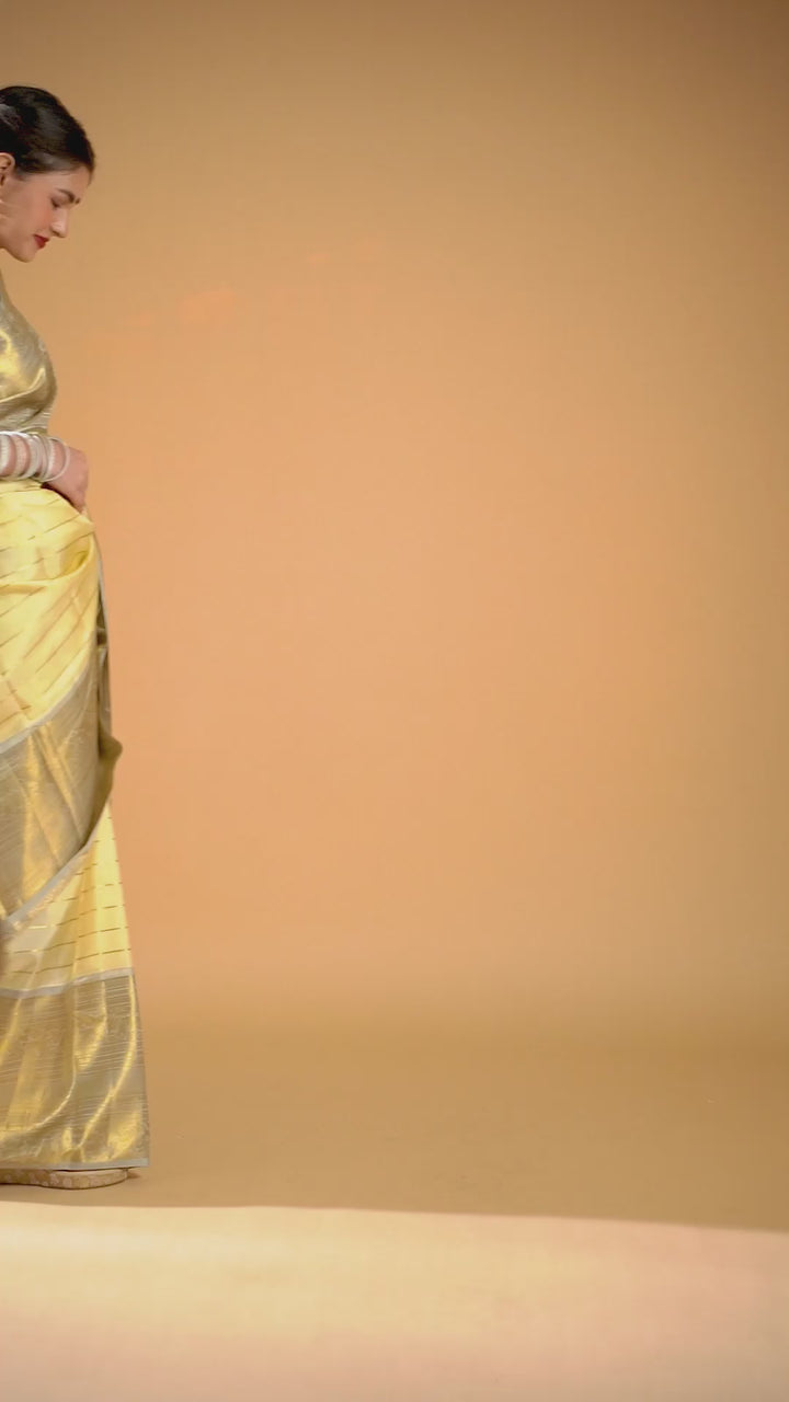 Champagne Cream and Grey Big Border Pure Kanchipuram Silk Saree