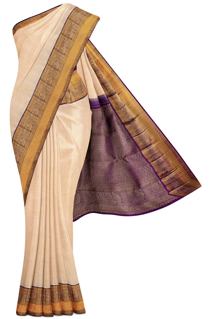 Cream and Violet  Korvai Kanjivaram Silk Saree - Clio Silks
