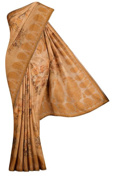 Sandstone Beige Floral Embroidered Organza Saree - Clio Silks