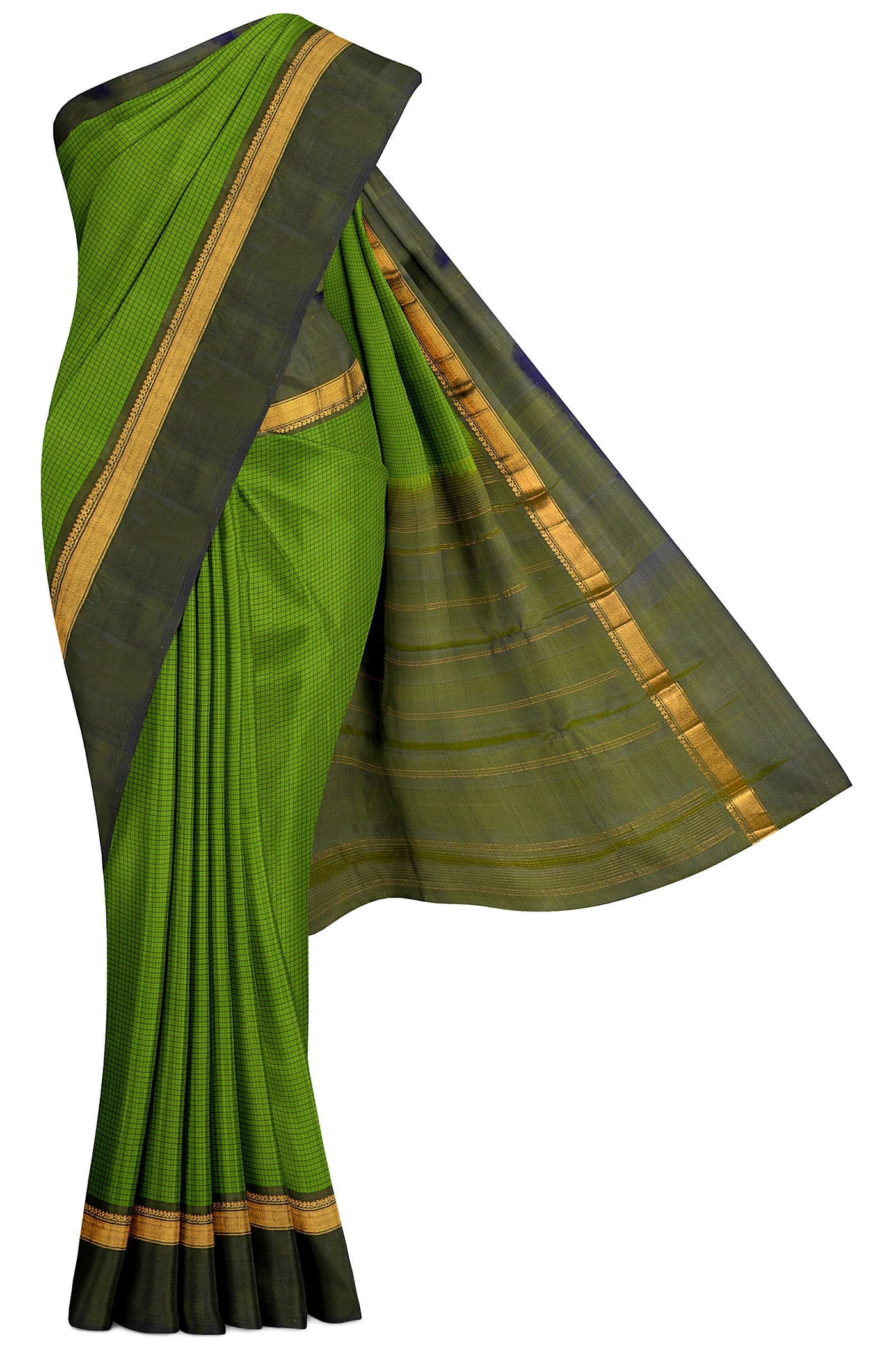 Parrot Green Podikattam and Purple Pure Kanjivaram Silk Saree - Clio Silks