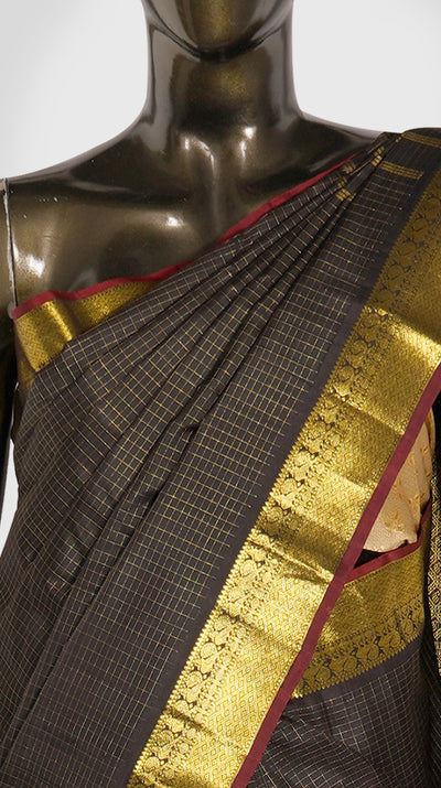 Brown Zari checks pure kanjivaram silk saree - Clio Silks