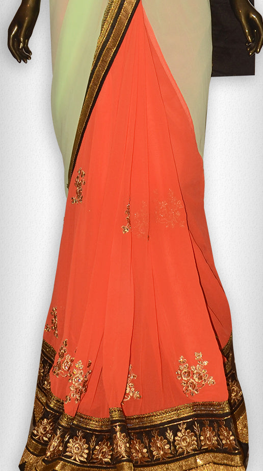 Mint Green Orange Partly Chiffon Saree - Clio Silks