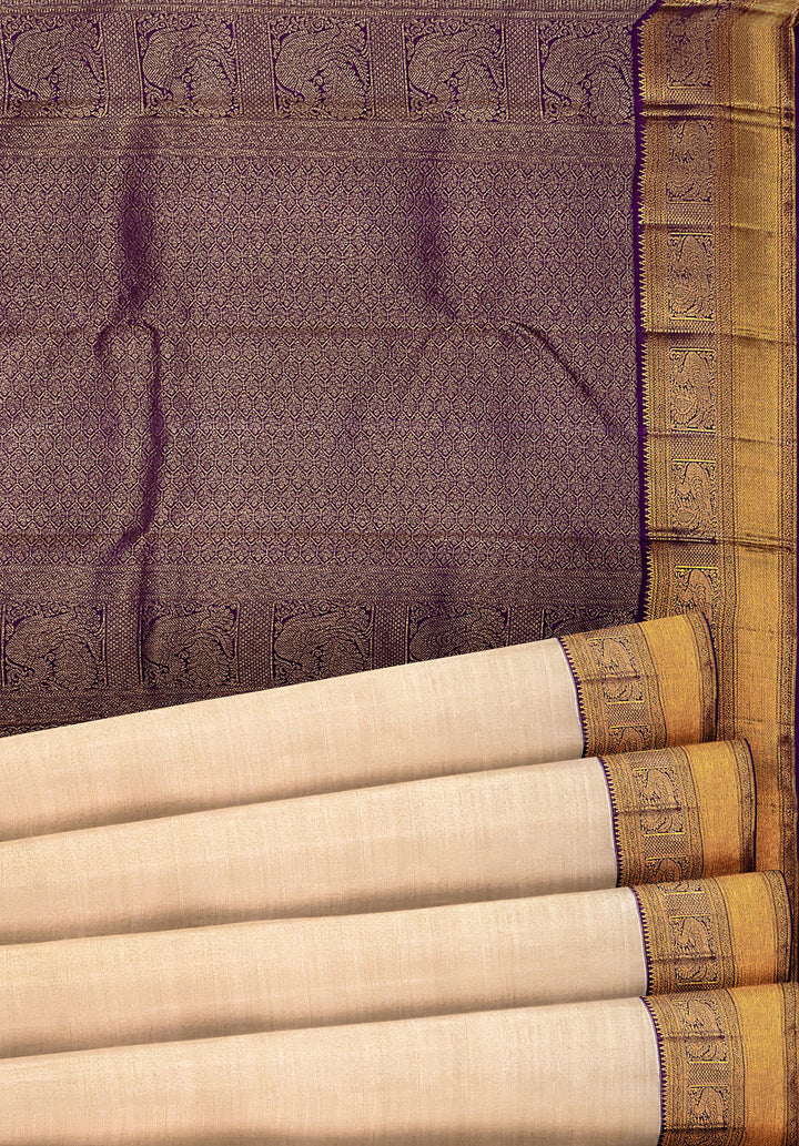 Cream and Violet  Korvai Kanjivaram Silk Saree - Clio Silks