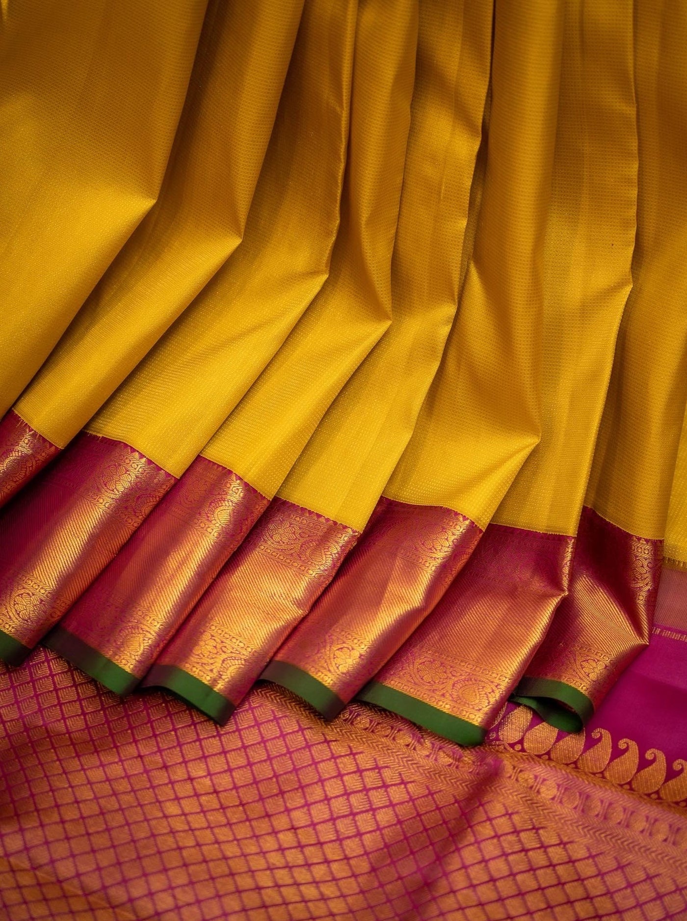 Golden Yellow Muthu Zari Self korvai Kanjivaram Pure Silk Sari - Clio Silks