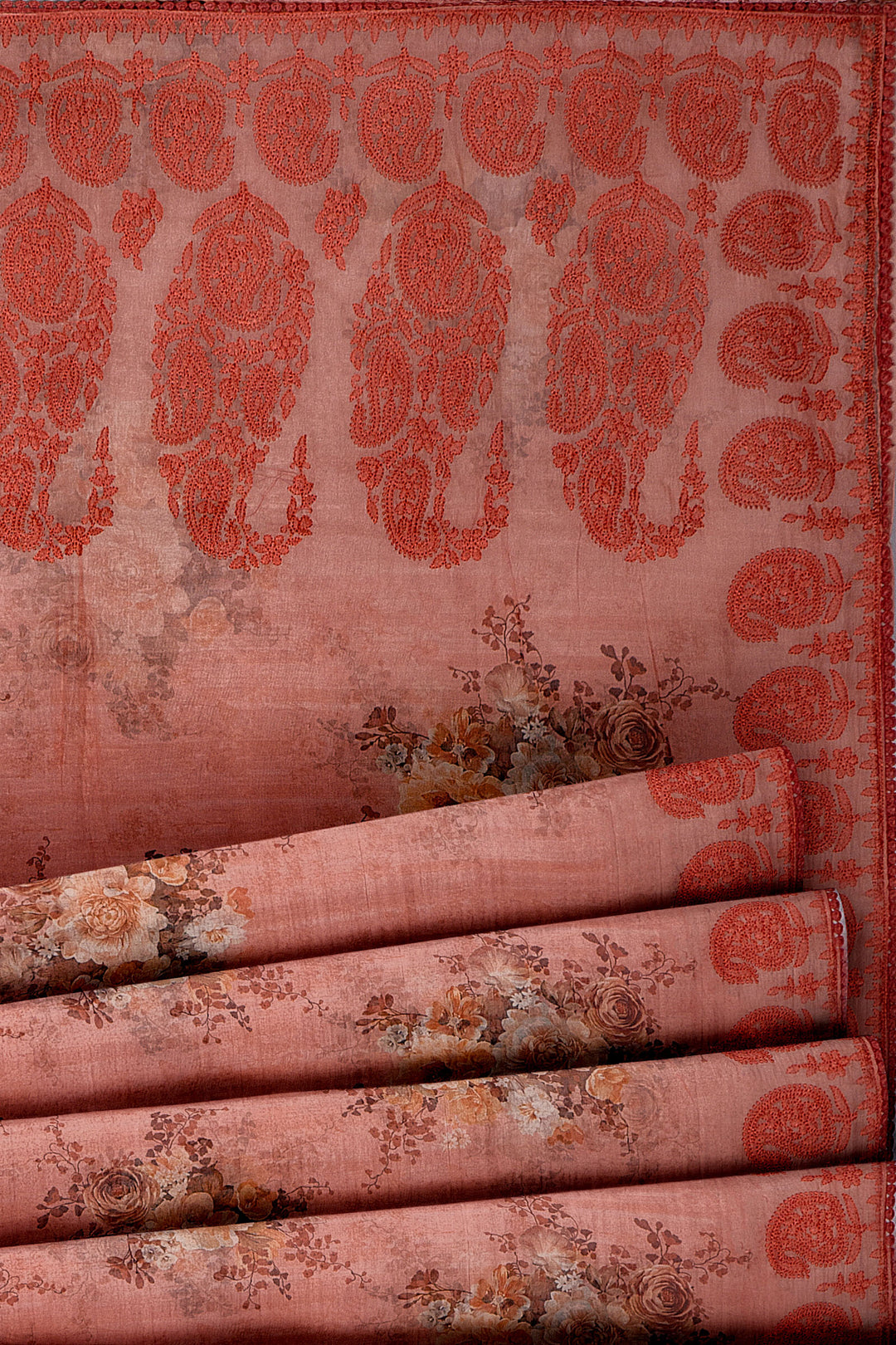 Peach Floral Printed Organza Saree - Clio Silks