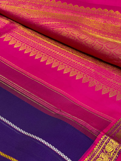 Indigo Purple and Magenta Thread Panel Kanjivaram Silk Sari - Clio Silks