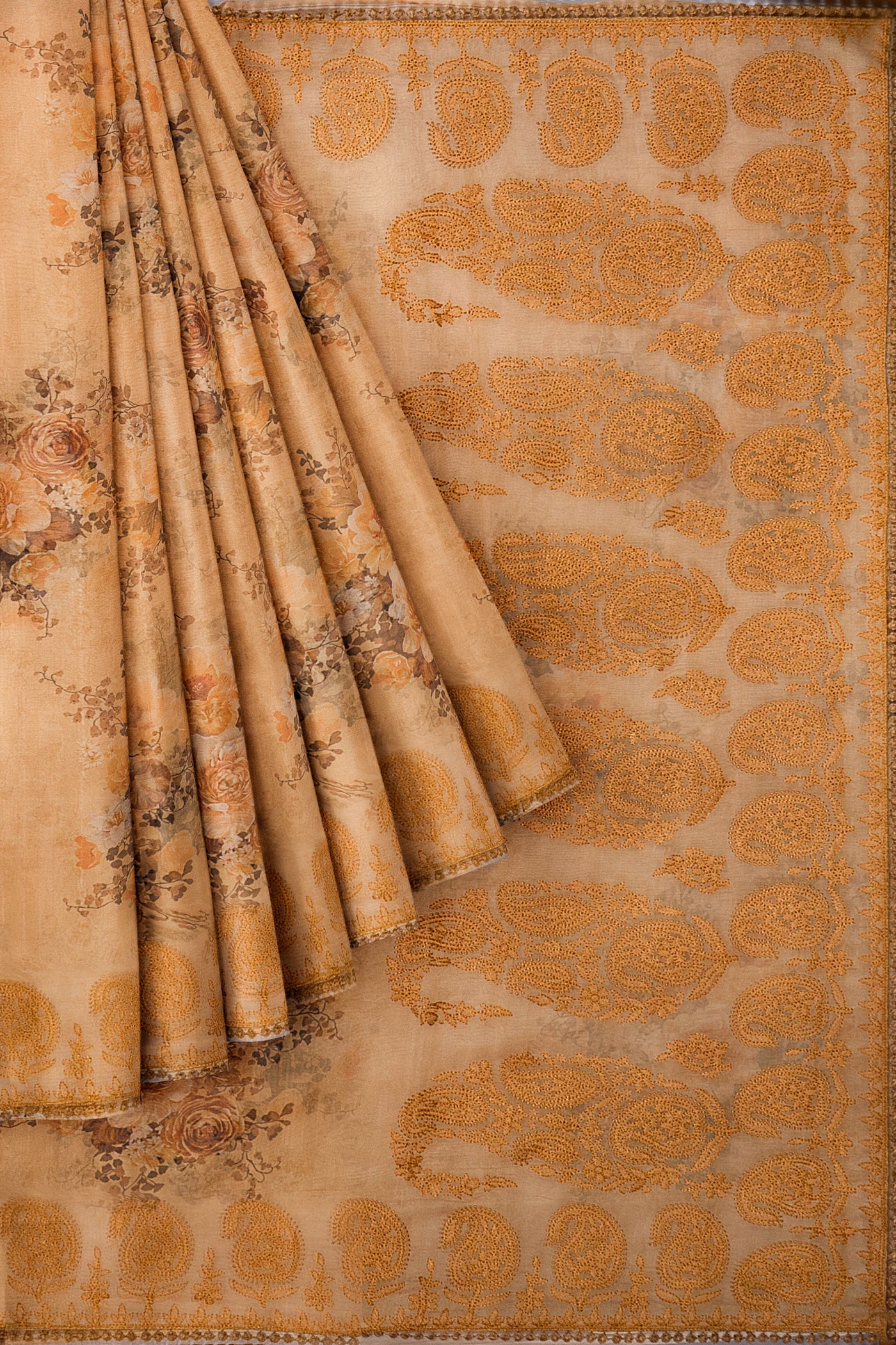 Sandstone Beige Floral Embroidered Organza Saree - Clio Silks