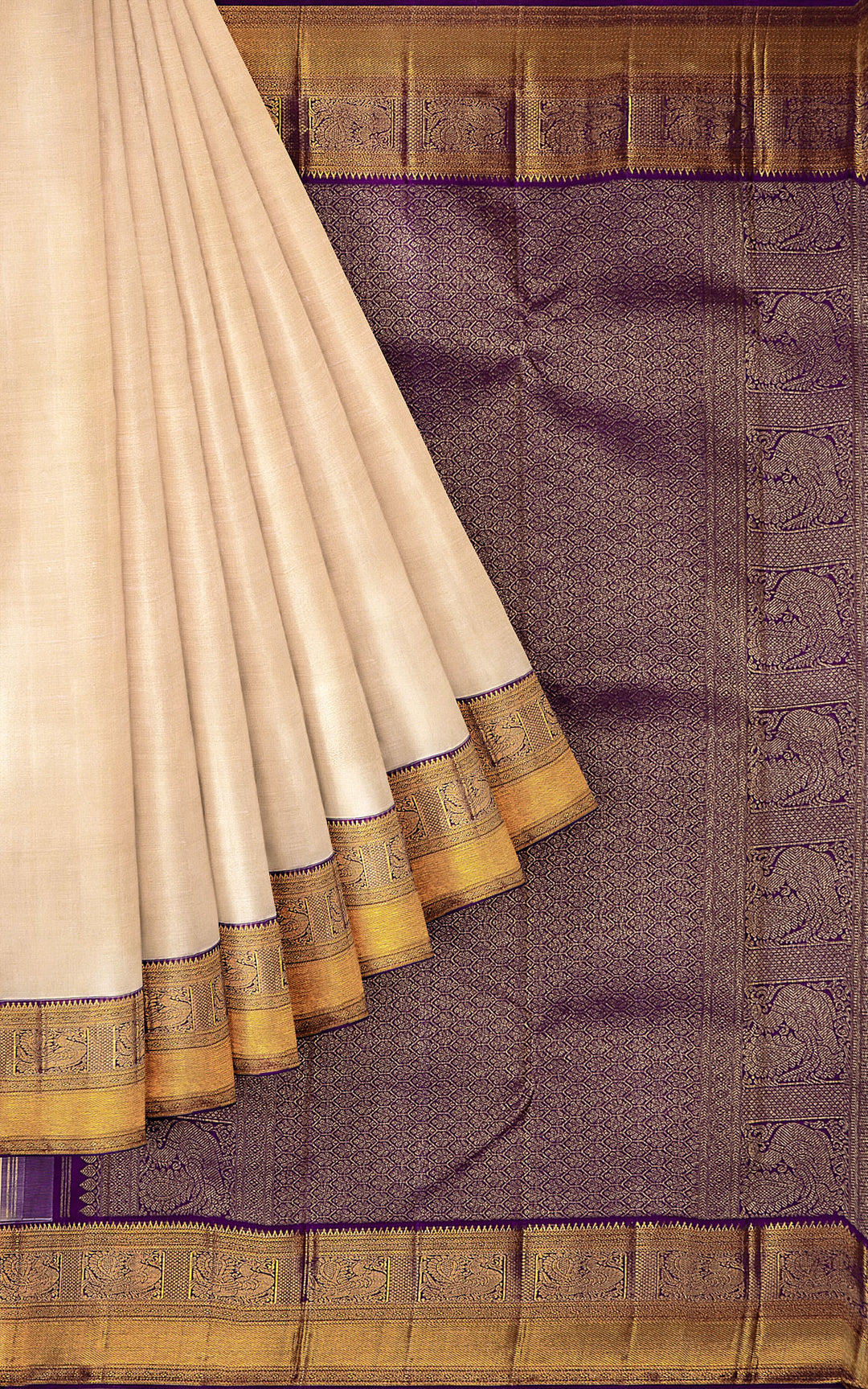Cream and Violet  Korvai Kanjivaram Silk Saree - Clio Silks