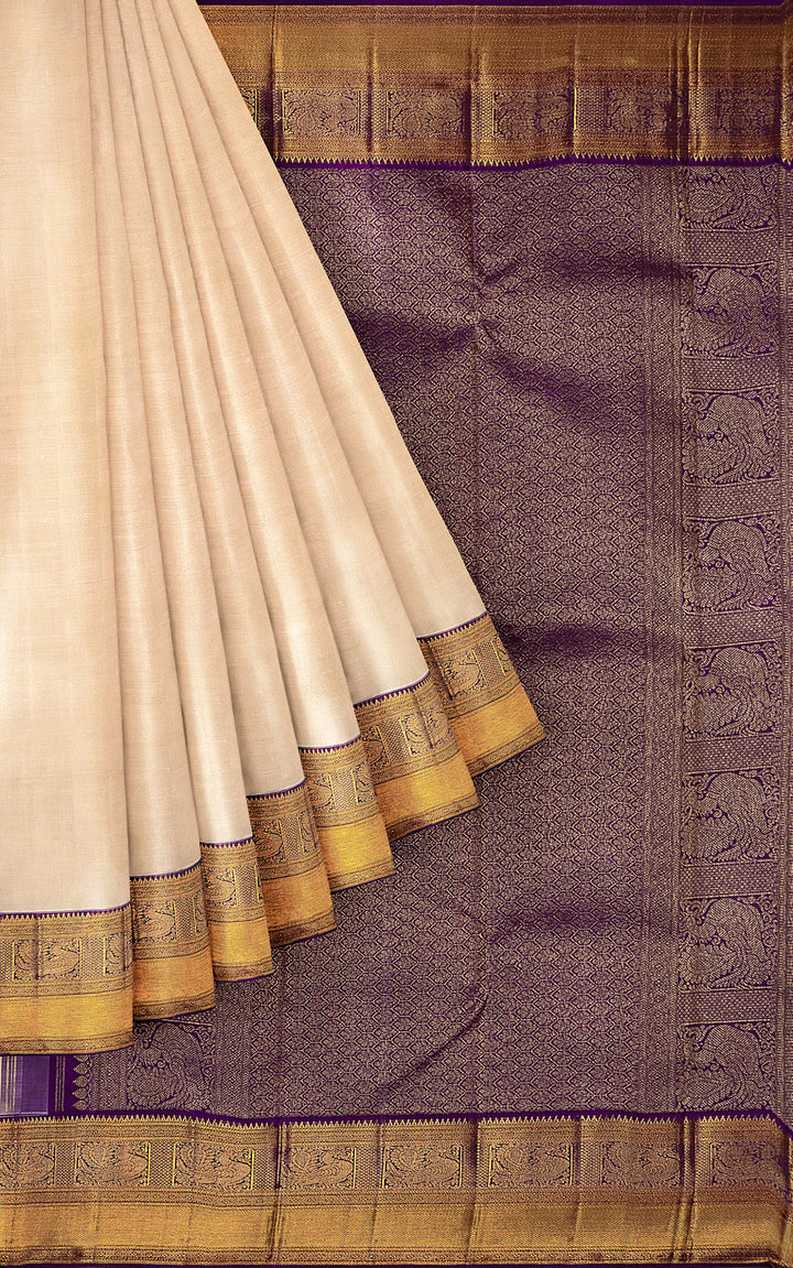 Cream and Violet  Korvai Kanjivaram Silk Saree - Clio Silks