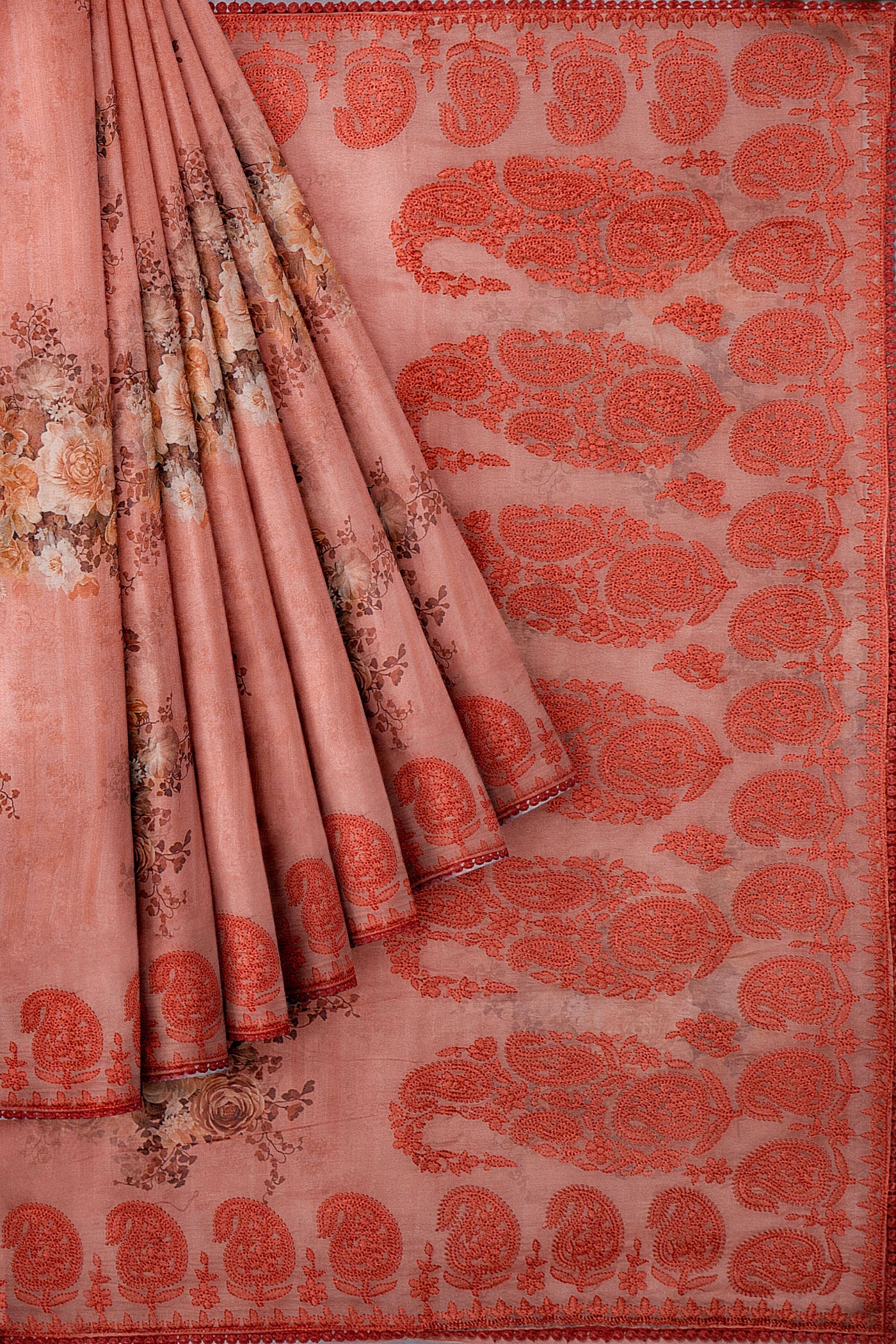 Peach Floral Printed Organza Saree - Clio Silks
